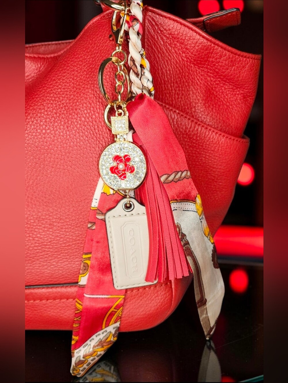 Coach Red Silk Scarf and Tassel Keychain Charm NWOT - Picture 5 of 12